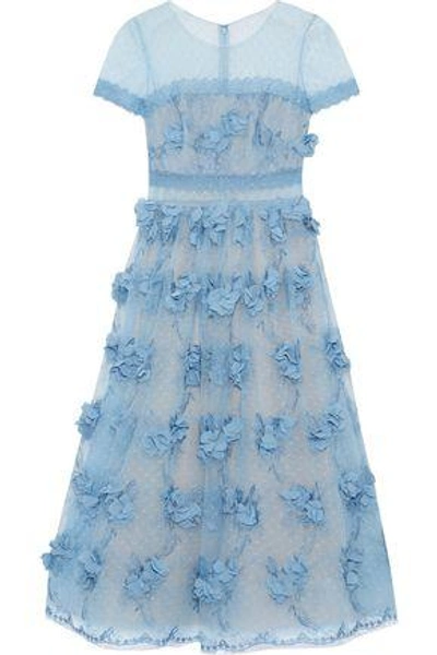 Shop Marchesa Notte Woman Floral-appliquéd Point D'esprit Midi Dress Sky Blue