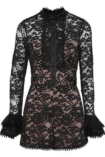 Shop Alexis Alive Satin-trimmed Corded Lace Playsuit In Black