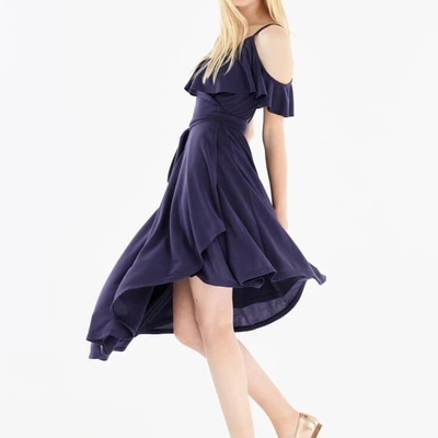 Shop Paisie Cold Shoulder Wrap Front Dress With Frills & Asymmetric Hem In Indigo
