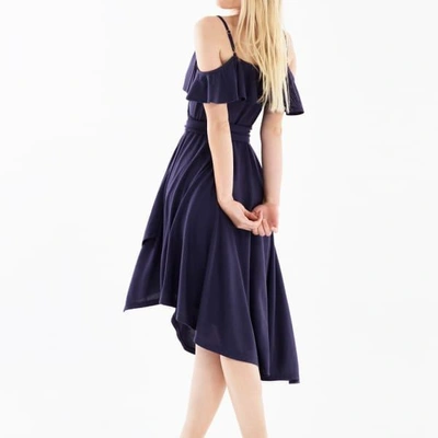 Shop Paisie Cold Shoulder Wrap Front Dress With Frills & Asymmetric Hem In Indigo