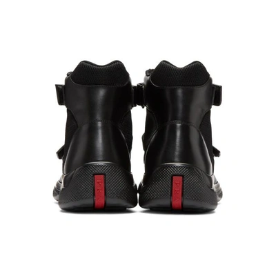 Shop Prada Black Leather And Mesh Straps High-top Sneakers In F0002