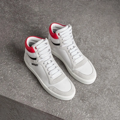 Shop Burberry Leather And Suede High-top Sneakers In Optic White/bright Red