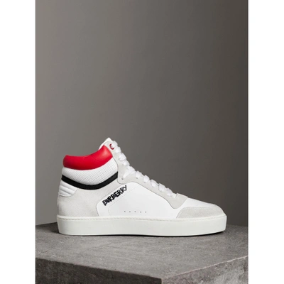Shop Burberry Leather And Suede High-top Sneakers In Optic White/bright Red