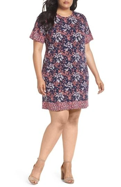 Shop Michael Michael Kors Scattered Blooms Border Shift Dress In True Navy/ Bright Blush