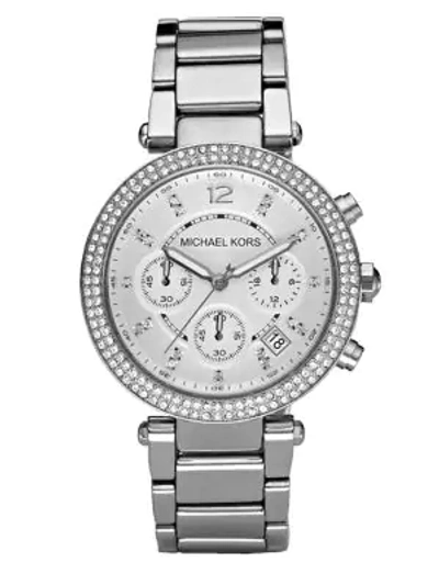 Shop Michael Kors Women's Parker Pavé Stainless Steel Chronograph Bracelet Watch In Silver