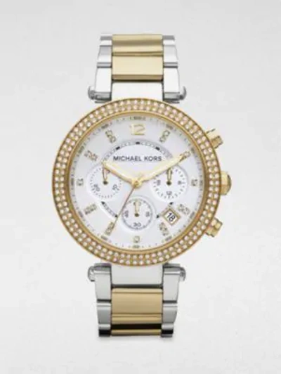 Shop Michael Kors Crystal Two-tone Stainless Steel Chronograph Watch In Gold Silver