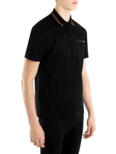 Shop Versace Printed Contrast Polo Shirt In Black
