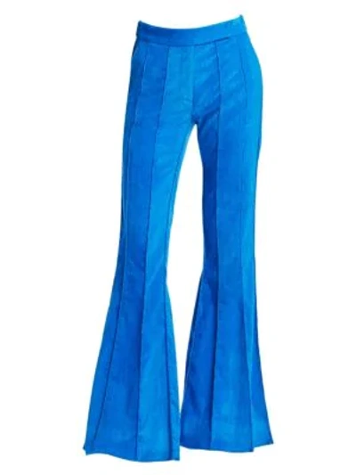 Shop Rosie Assoulin Pleated Velvet Flare Pants In Lagoon Blue