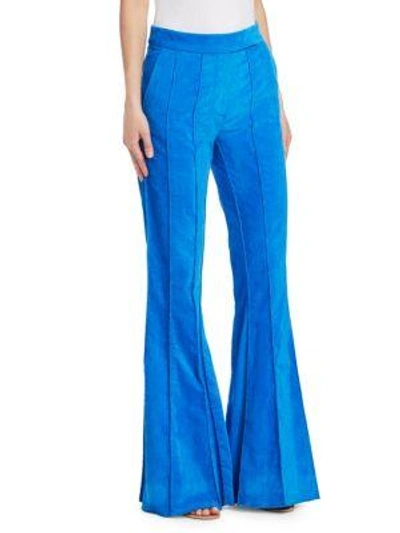Shop Rosie Assoulin Pleated Velvet Flare Pants In Lagoon Blue