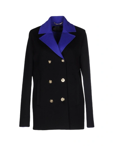 Shop Versace Double Breasted Pea Coat In Black