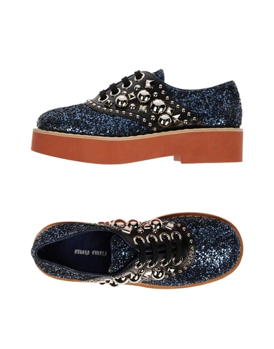 Shop Miu Miu Woman Lace-up Shoes Blue Size 6 Textile Fibers, Leather
