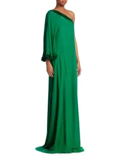 Shop Ahluwalia Beaded Silk One-shoulder Floor-length Gown In Emerald