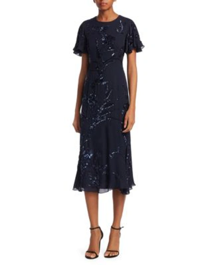 Shop Ahluwalia Embroidered Silk Flutter-sleeve Dress In Midnight