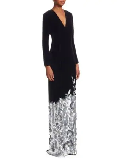 Shop Ahluwalia Velvet Floral Sequin Hem Gown In Jet