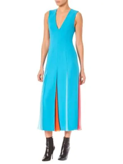 Shop Carolina Herrera Pleated Midi Dress In Teal-multi