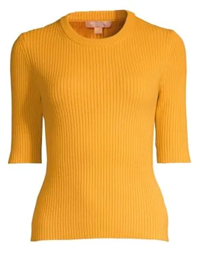 Shop Michael Kors Ribbed Stretch Cashmere Sweater In Mari Gold