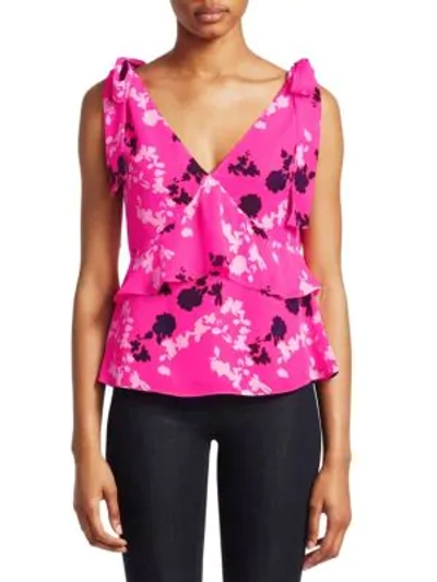 Shop Tanya Taylor Sierra Printed Silk Shoulder Tie Blouse In Hot Pink
