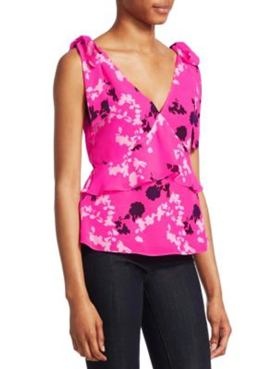 Shop Tanya Taylor Sierra Printed Silk Shoulder Tie Blouse In Hot Pink