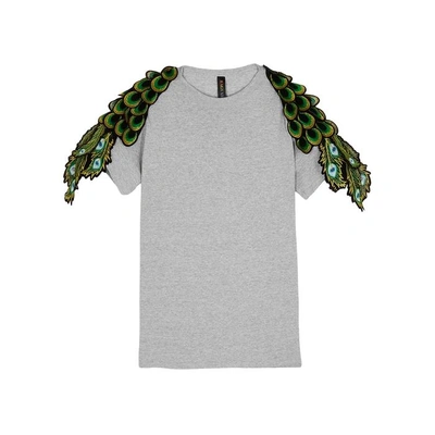 Shop Ragyard Peacock Feather-appliquéd Cotton T-shirt In Grey