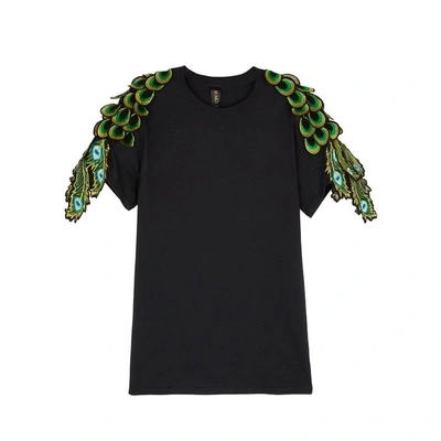 Shop Ragyard Peacock Feather-appliquéd Cotton T-shirt In Black