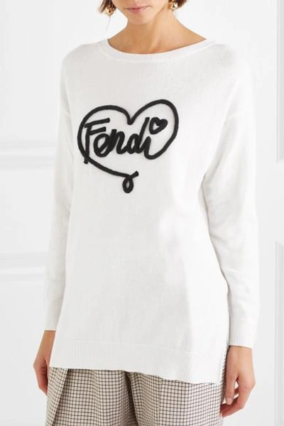 Shop Fendi Embroidered Cashmere Sweater In White