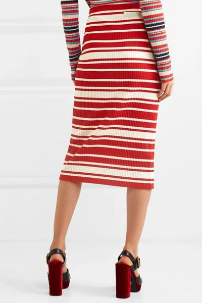 Shop Prada Striped Ribbed-knit Midi Skirt In Red