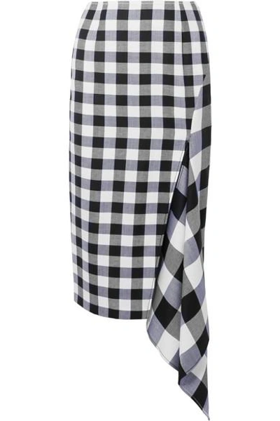 Shop Monse Asymmetric Gingham Wool And Cotton-blend Midi Skirt In Black