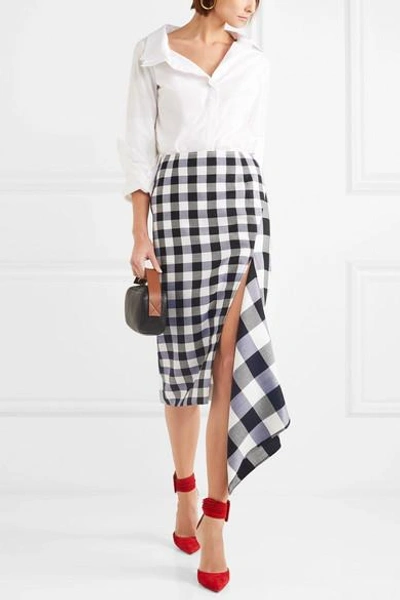 Shop Monse Asymmetric Gingham Wool And Cotton-blend Midi Skirt In Black