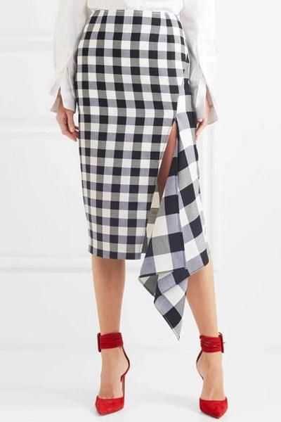 Shop Monse Asymmetric Gingham Wool And Cotton-blend Midi Skirt In Black