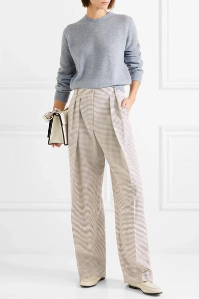 Shop Fendi Pleated Checked Wool Wide-leg Pants In Beige