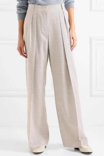 Shop Fendi Pleated Checked Wool Wide-leg Pants In Beige