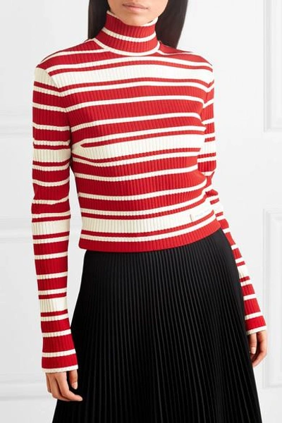 Shop Prada Striped Ribbed-knit Turtleneck Sweater In Red