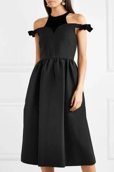 Shop Fendi Cold-shoulder Velvet-trimmed Wool And Silk-blend Midi Dress In Black