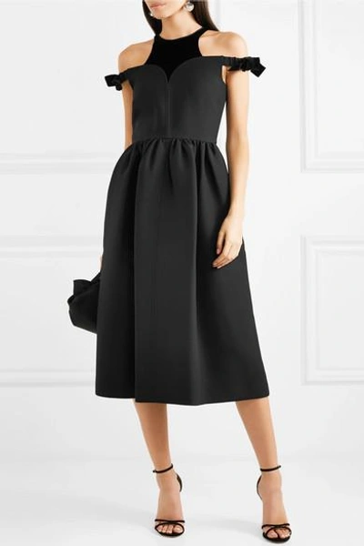 Shop Fendi Cold-shoulder Velvet-trimmed Wool And Silk-blend Midi Dress In Black