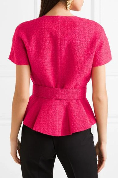 Shop Oscar De La Renta Belted Wool-blend Tweed Peplum Jacket In Bright Pink
