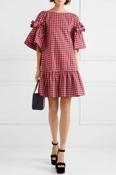 Shop Fendi Bow-detailed Checked Cotton-poplin Mini Dress