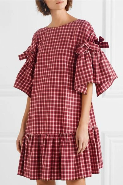 Shop Fendi Bow-detailed Checked Cotton-poplin Mini Dress