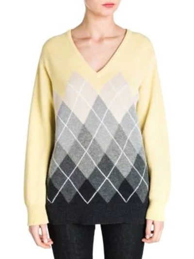 Shop Miu Miu Cashmere V-neck Argyle Sweater In Yellow Grey