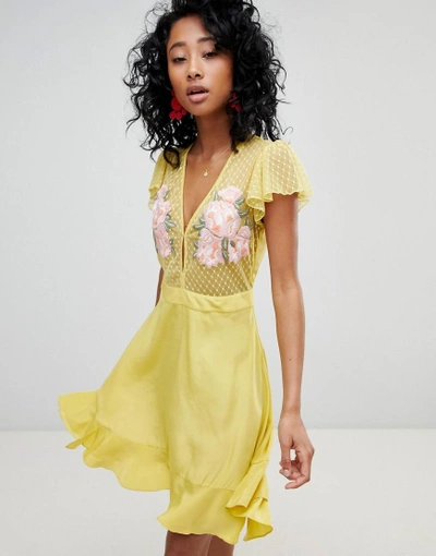 Shop Cleobella Ruffle Mini Dress With Floral Embroidery - Yellow