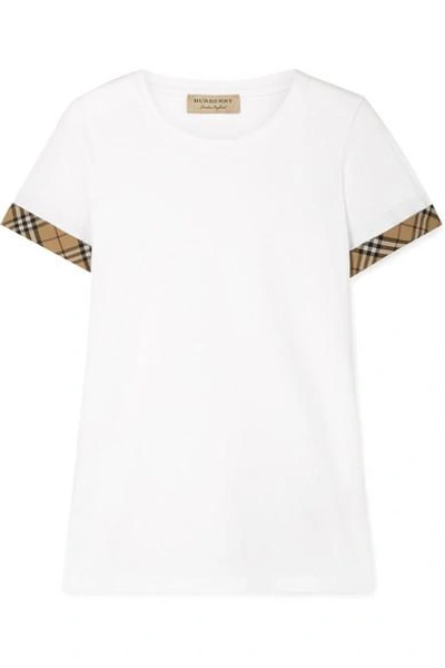 Shop Burberry Checked Canvas-trimmed Stretch-cotton Jersey T-shirt In White