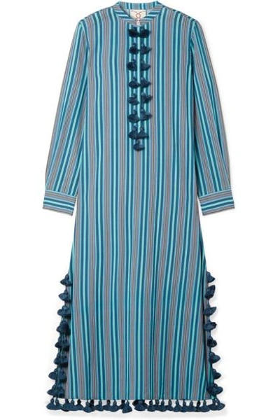 Shop Figue Paolina Tasseled Striped Cotton-blend Voile Midi Dress In Blue