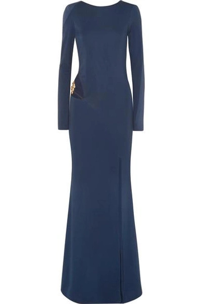 Shop Haney Bianca Cutout Embellished Stretch-jersey Gown In Navy