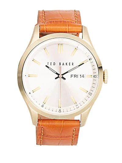 Shop Ted Baker Stainless Steel Brown Leather Strap Watch In White