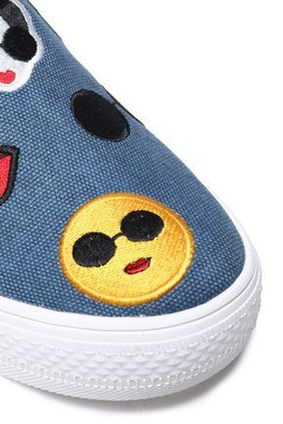 Shop Alice And Olivia Pia Emoji Appliquéd Denim Slip-on Sneakers In Light Denim