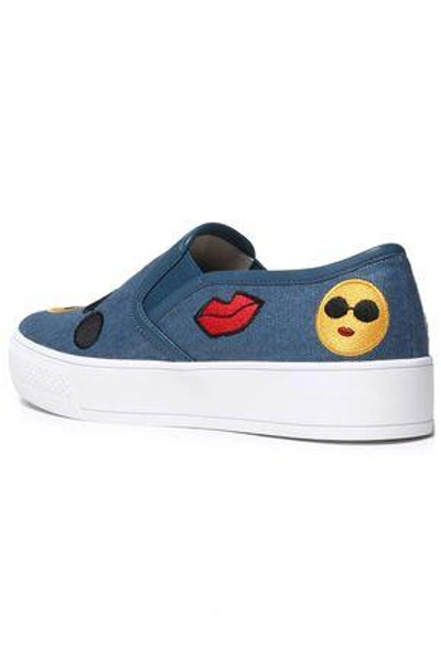 Shop Alice And Olivia Pia Emoji Appliquéd Denim Slip-on Sneakers In Light Denim