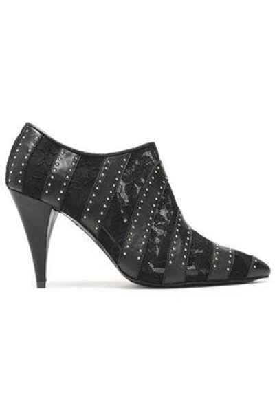 Shop Alice And Olivia Calissa Studded Leather And Lace Ankle Boots In Black