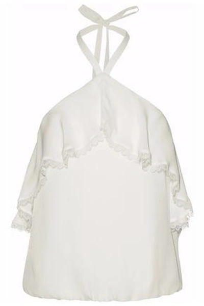 Shop Alice And Olivia Woman Monet Ruffle-trimmed Silk Halterneck Top Ivory