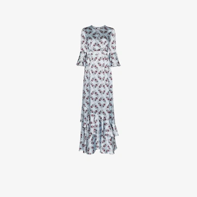 Shop Erdem Floral Print Silk Long Dress In Blue