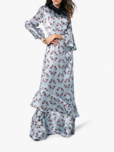 Shop Erdem Floral Print Silk Long Dress In Blue