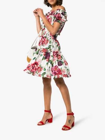 Shop Dolce & Gabbana Off-shoulder Frill Peony Print Cotton Mini Dress In Pink&purple